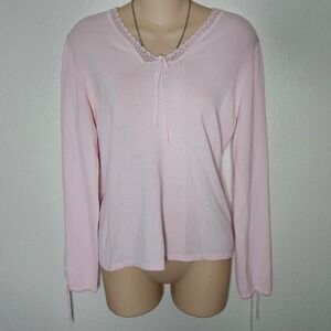 GNW Light Pink Knit Lace Tie Neck Long Sleeve Top